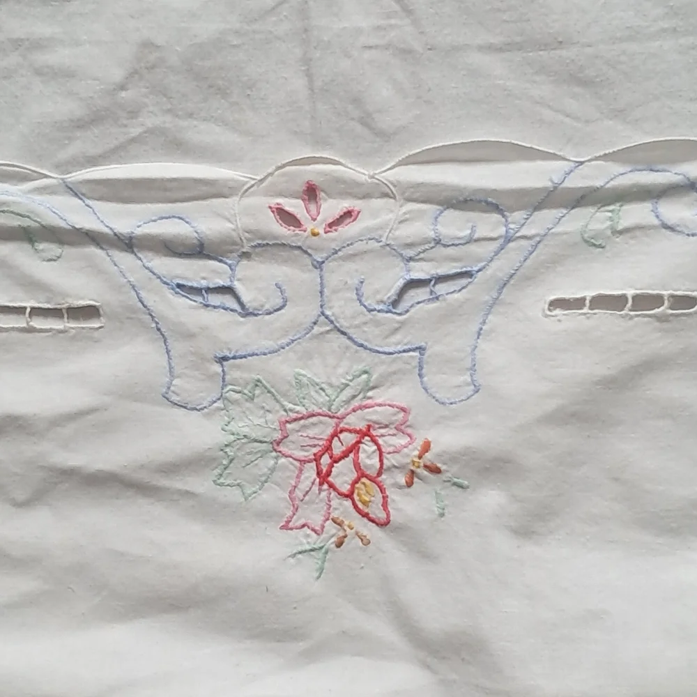 Vintage Embroidered Shower Curtain Pink Floral Cutwork Cottage Chic Linen Look